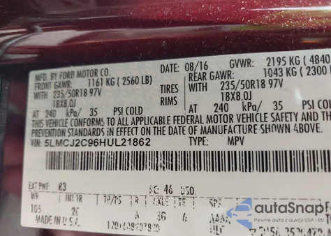 2017 Lincoln Mkc Select z USA, uszkodzony, nr VIN 5LMCJ2C96HUL21862